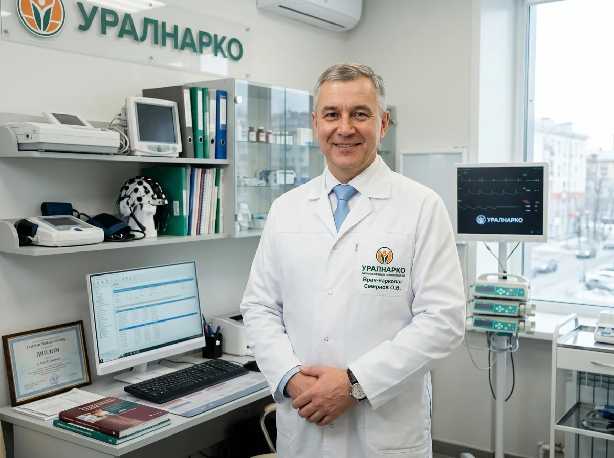 Врач-нарколог клиники УралНарко, уверенный, в белом халате, на фоне медицинского кабинета с современным оборудованием, доброжелательный взгляд
