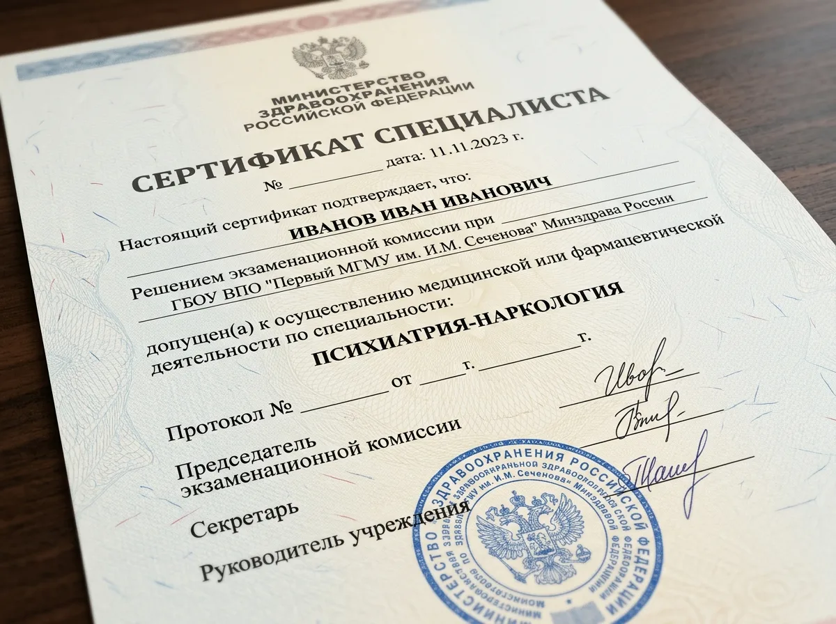 Сертификат специалиста психиатра-нарколога на официальном бланке Минздрава РФ, подпись и печать