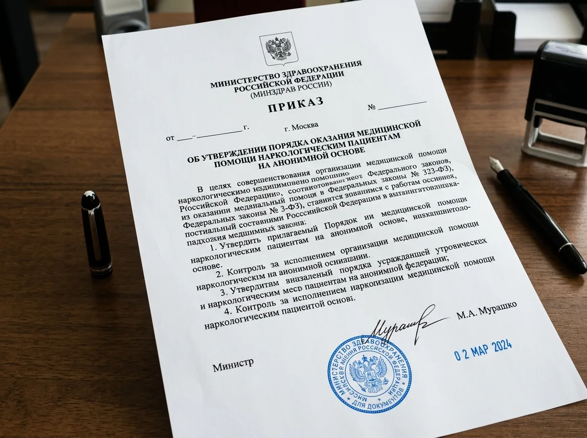 Приказ Министерства здравоохранения РФ об анонимном лечении наркологических пациентов, официальный документ